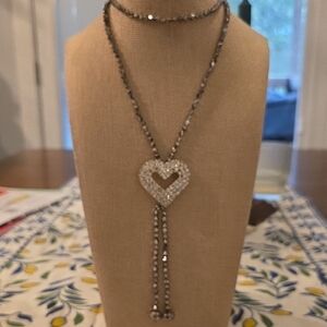 Crystal Heart Lariat Necklace in Silver